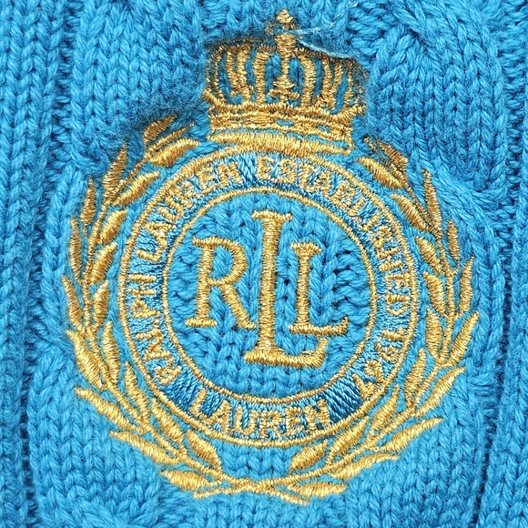 Lauren Ralph Lauren Cable Knit Full Zip Sweater L Blue RL Crest - Picture 10 of 16
